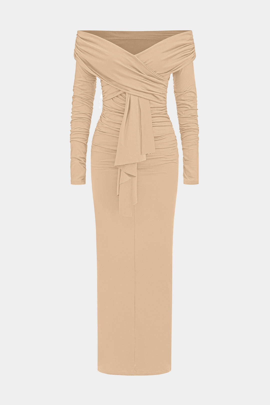 Off Shoulder Wrap Sweetheart Long Sleeve Center Drape Ruched Maxi Dress