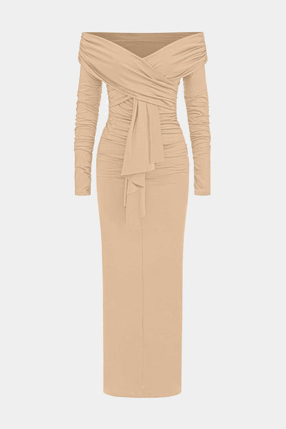 Off Shoulder Wrap Sweetheart Long Sleeve Center Drape Ruched Maxi Dress