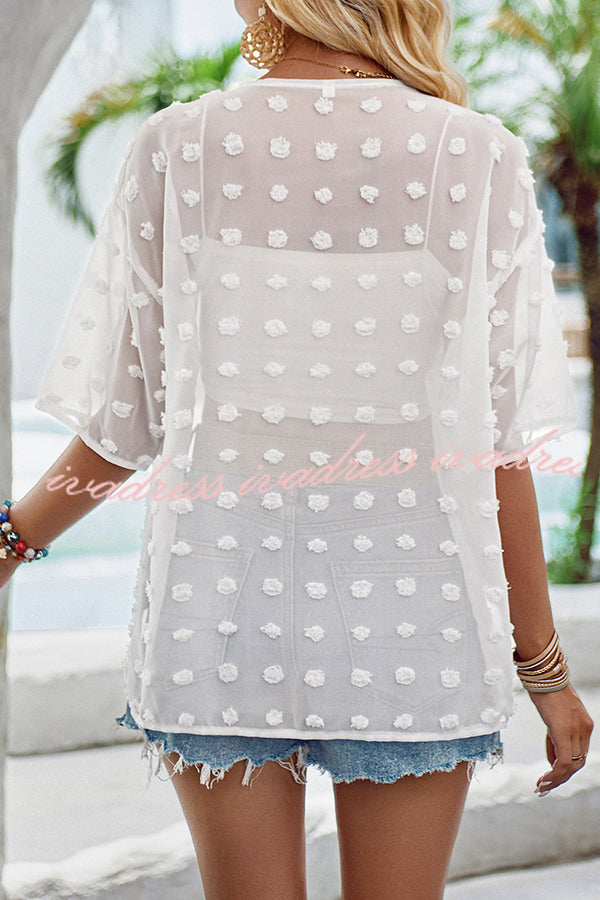 Casual See Through Patchwork Pom Pom Short Sleeved Cover Up