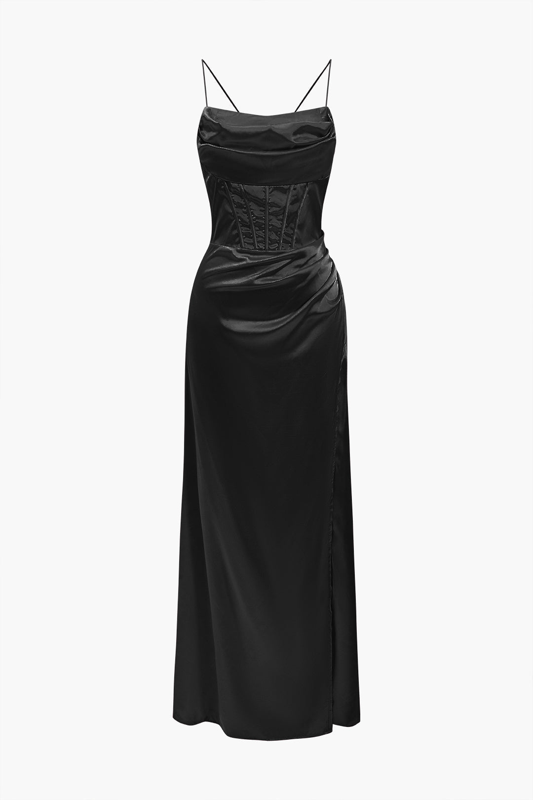 Cowl Neck Corset Bodice Spaghetti Strap Satin High Slit Maxi Dress