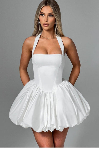 Halter Bow Back Corset Basque Waist Bubble Hem Mini Dress