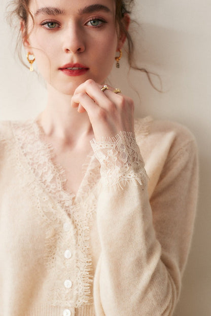 Cashmere Lace-Trimmed V-Neck Knit Cardigan