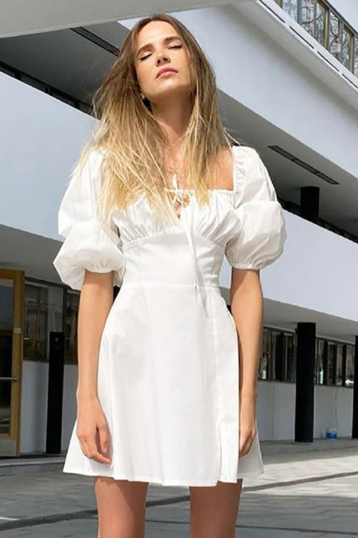 Off Shoulder Puff Sleeve Sweetheart Neck Gathered Bodice Mini Dress