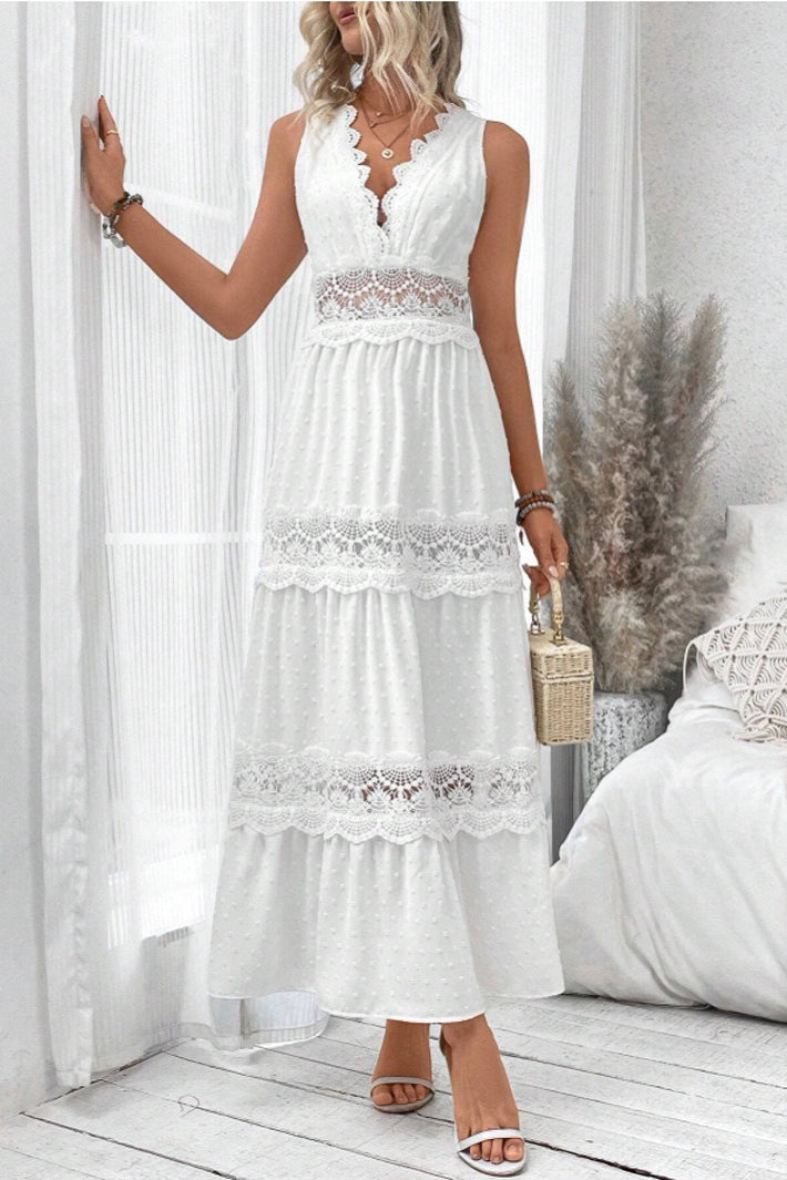 Swiss Dot Lace Inset Scoop Neck Sleeveless Tiered Maxi Dress