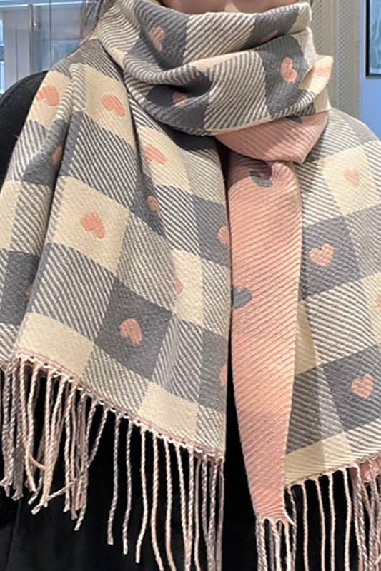 Faux Cashmere Double-Sided Heart Plaid Fringed Scarf