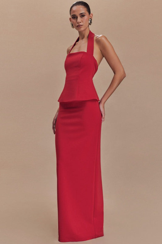 Square Neck Halter Peplum Top Column Maxi Skirt Set