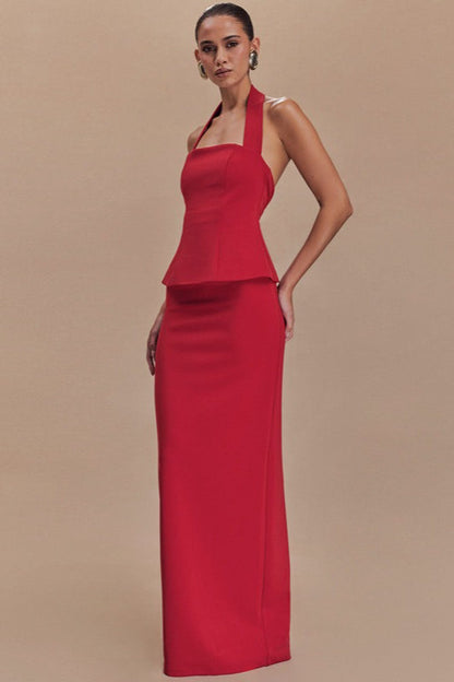 Square Neck Halter Peplum Top Column Maxi Skirt Set