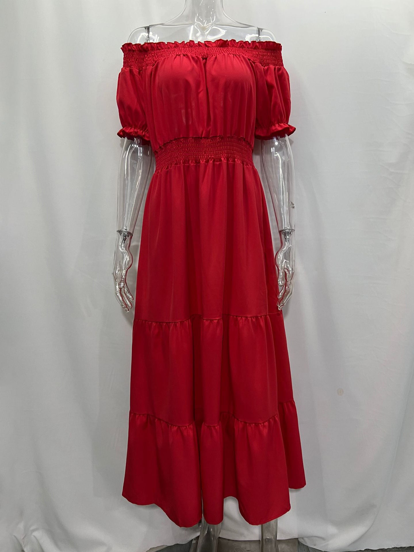 Off Shoulder Smocked Maxi Dress For Women - Boho Tiered A-Line Beach Gown with Puffy Sleeves - Summer Vacation 2026