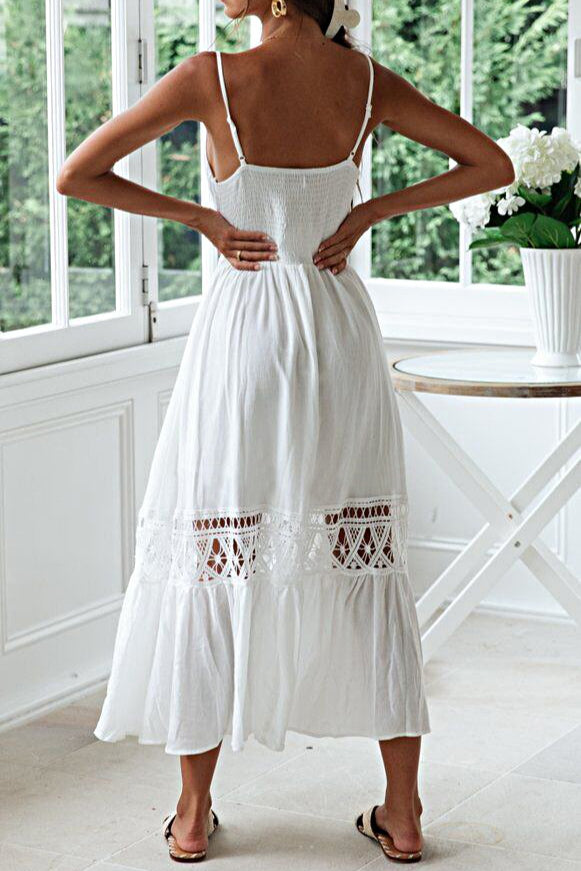 Scalloped Lace Trim Button Front Crochet Inset Tiered Maxi Dress