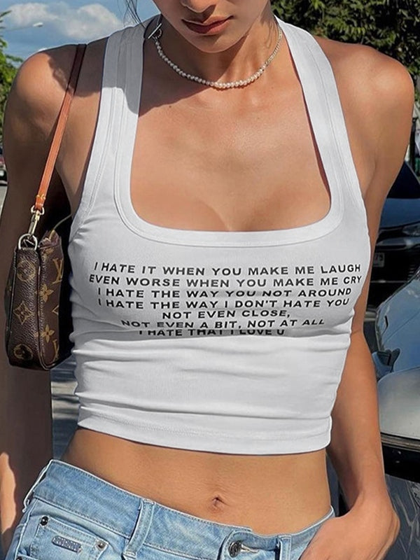Letter Print Navel Bare Slim Fit Short Tank Top