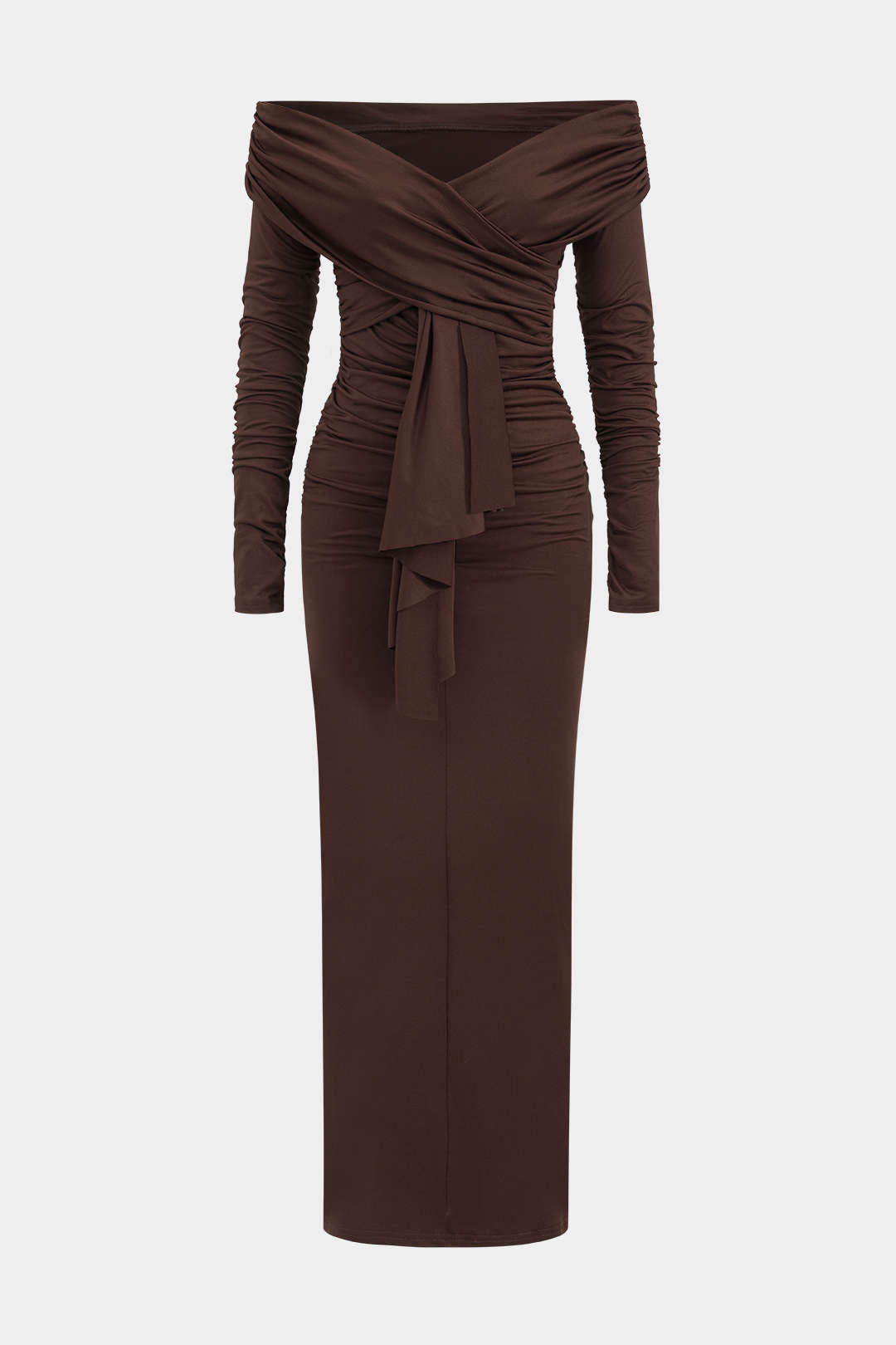 Off Shoulder Wrap Sweetheart Long Sleeve Center Drape Ruched Maxi Dress