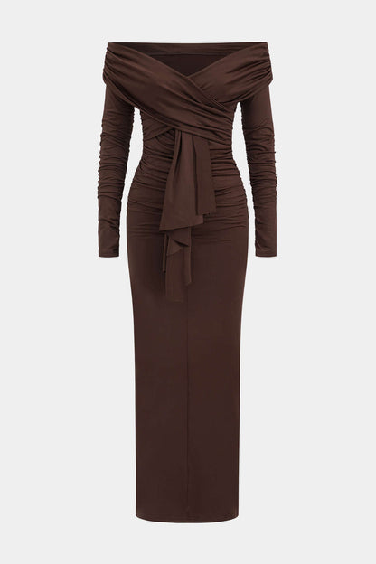 Off Shoulder Wrap Sweetheart Long Sleeve Center Drape Ruched Maxi Dress