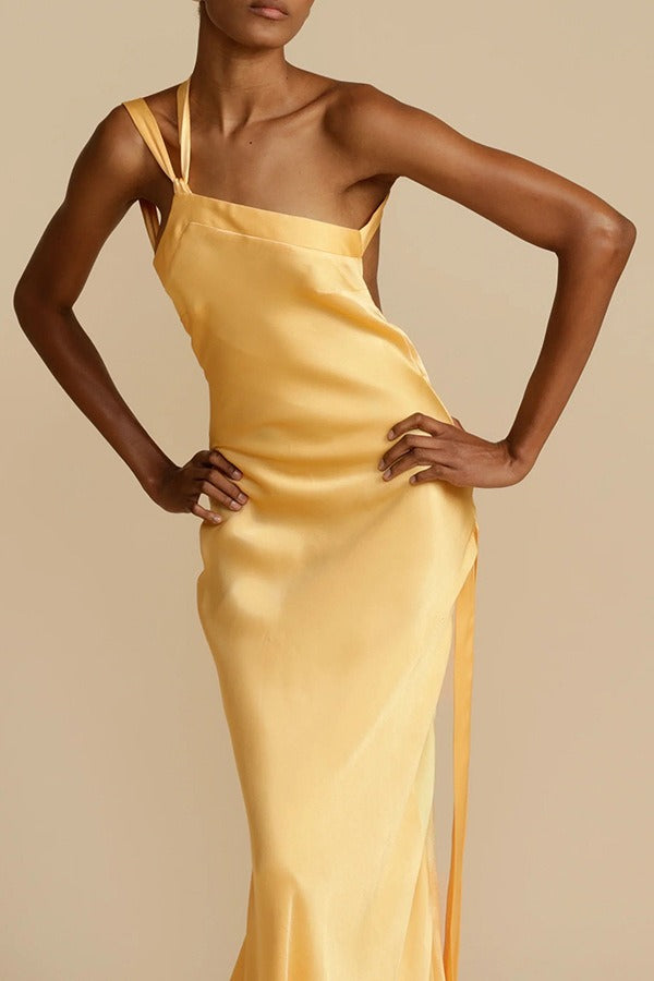 One-Shoulder Knotted Strap Side-Tie Satin Column Maxi Gown