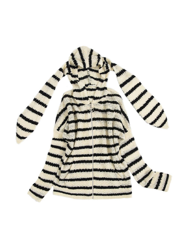 Rabbit Ear Styling Hooded Stripe Cardigan