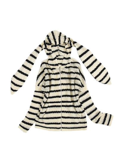 Rabbit Ear Styling Hooded Stripe Cardigan