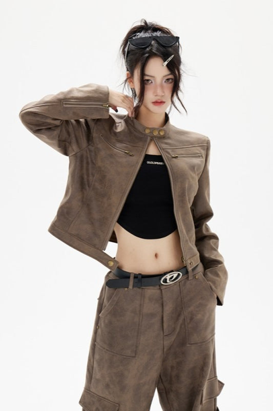 Cropped Biker Style Leather Jacket