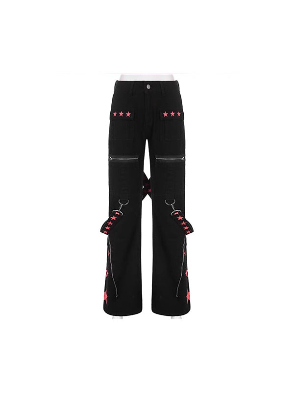 Contrast Color Ribbon Metal Decoration Cargo Jeans