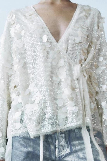 Tie Front Sequin Long Sleeve Blouse