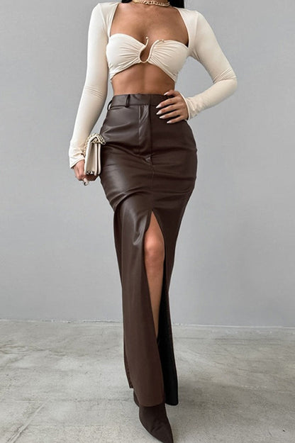 High-Waist Khaki PU Skirt