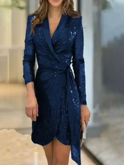 Notched Lapel Deep V Sequin Wrap Tie Waist Long Sleeve Blazer Mini Dress