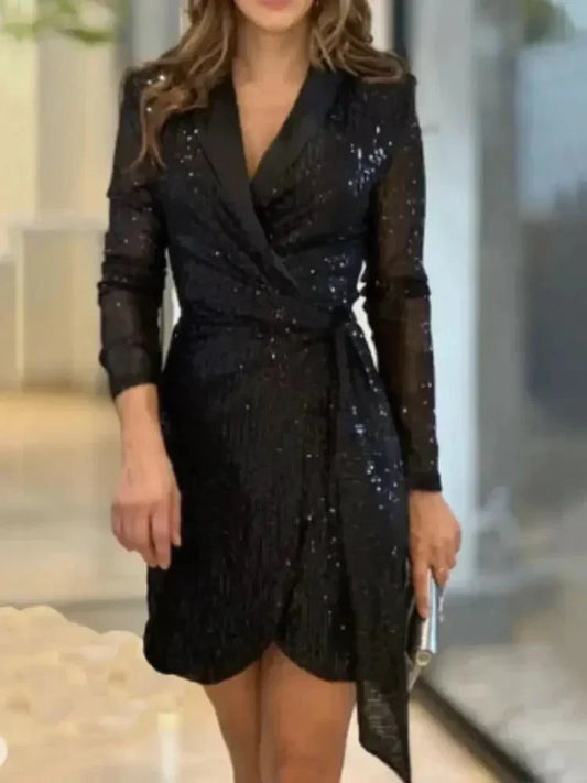 Notched Lapel Deep V Sequin Wrap Tie Waist Long Sleeve Blazer Mini Dress