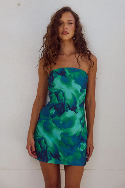 Strapless Tube Bodycon Large-Scale Lily Print Mini Dress