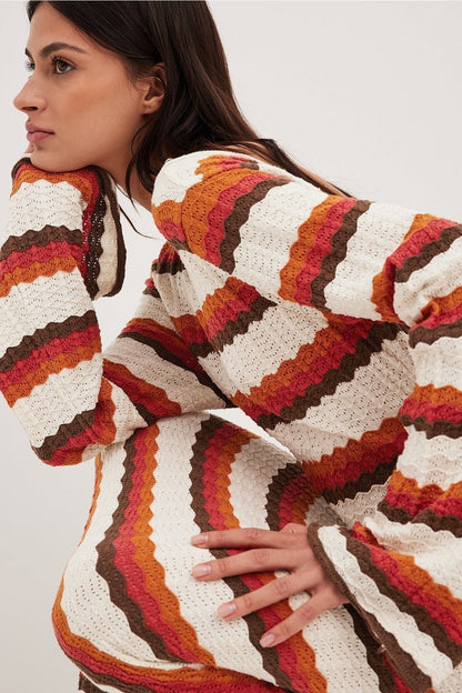 Scoop Back Zigzag Stripe Pointelle Knit Long Sleeve Maxi Dress
