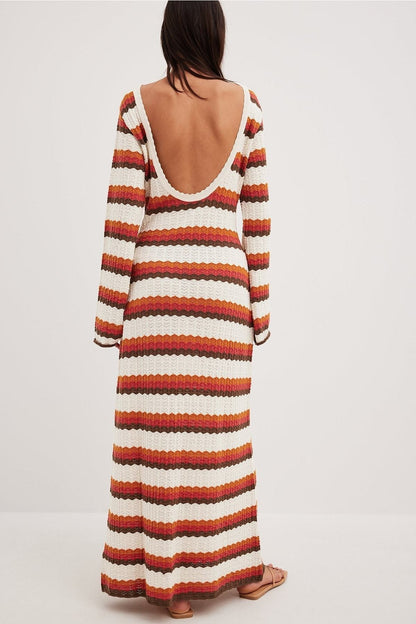 Scoop Back Zigzag Stripe Pointelle Knit Long Sleeve Maxi Dress