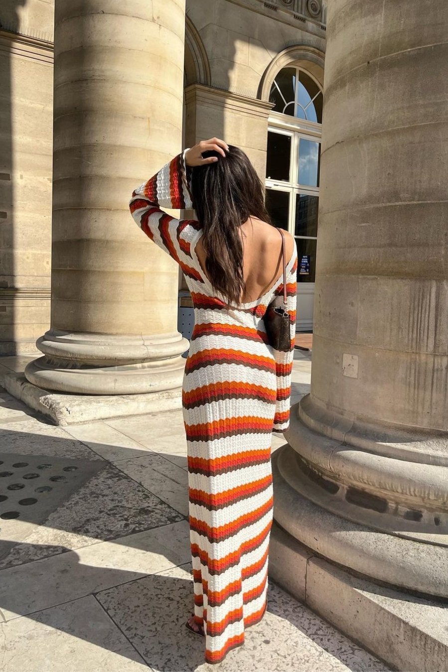 Scoop Back Zigzag Stripe Pointelle Knit Long Sleeve Maxi Dress