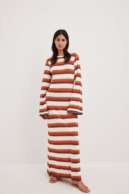 Scoop Back Zigzag Stripe Pointelle Knit Long Sleeve Maxi Dress
