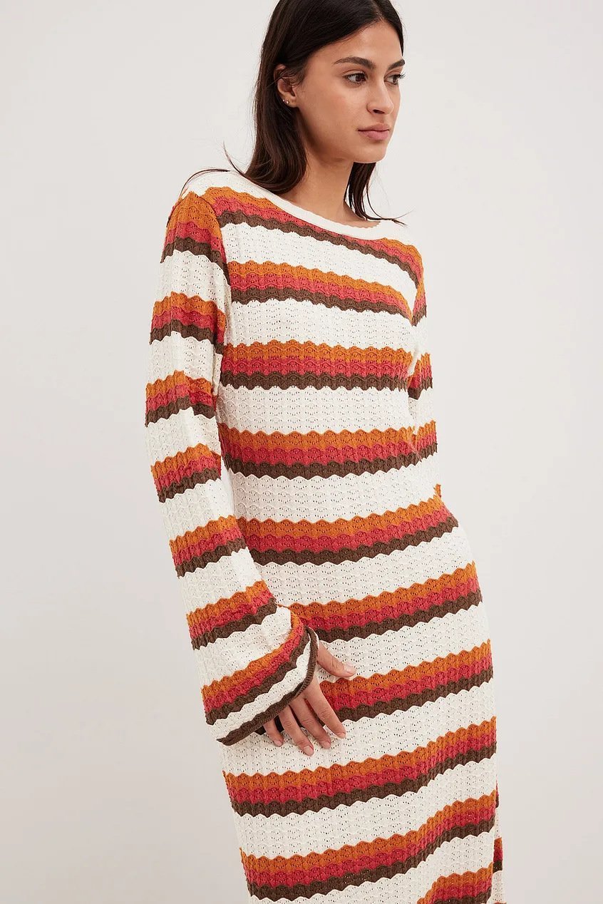 Scoop Back Zigzag Stripe Pointelle Knit Long Sleeve Maxi Dress