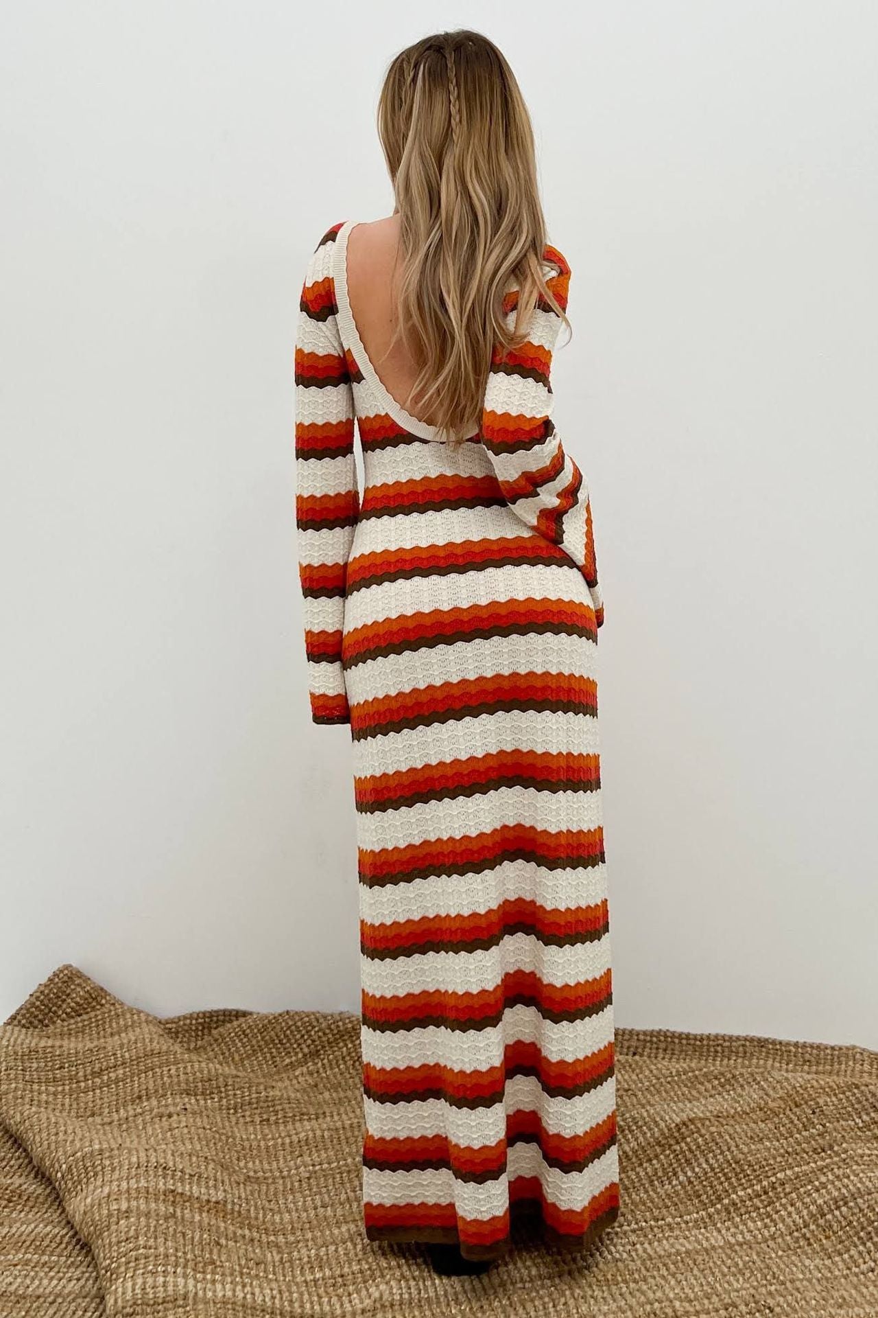 Wavy Stripe Crochet Knit Long Sleeve Round Neck Bodycon Maxi Dress