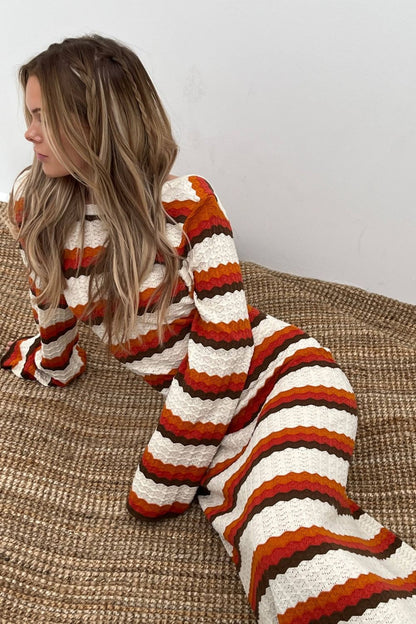 Scoop Back Zigzag Stripe Pointelle Knit Long Sleeve Maxi Dress