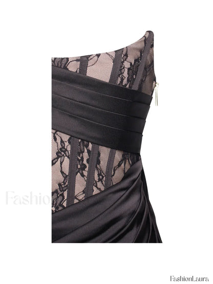 Callie Black Lace Satin Graceful Corset High Slit Gown