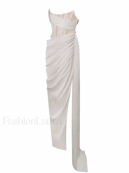 Callie Pearl White Lace Graceful Satin Corset High Slit Gown