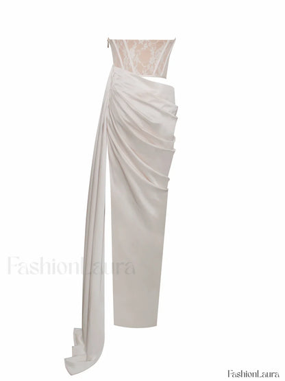 Callie Pearl White Lace Graceful Satin Corset High Slit Gown