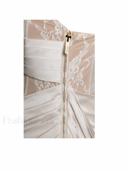 Callie Pearl White Lace Graceful Satin Corset High Slit Gown