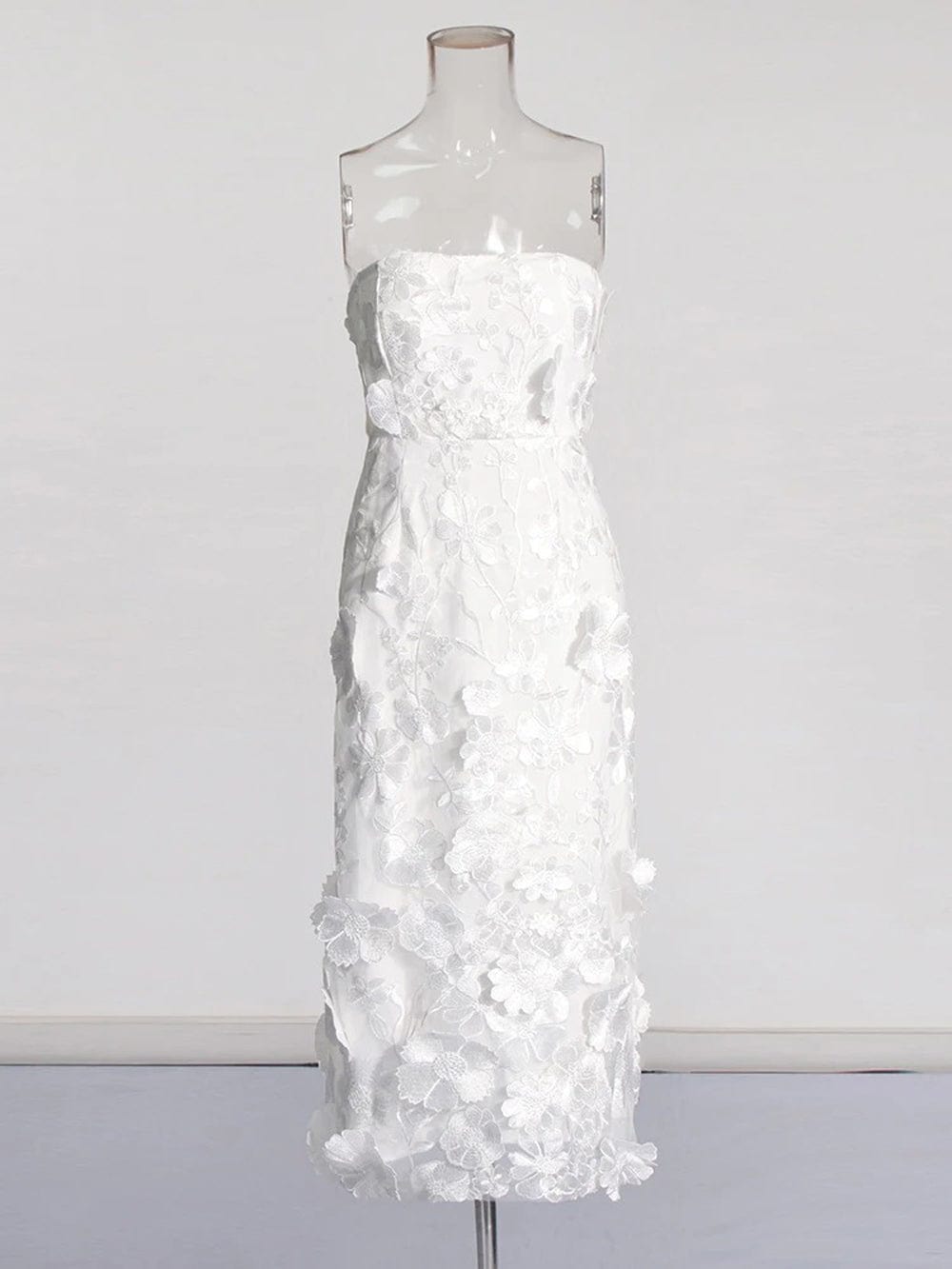 Strapless 3D Floral Applique Embroidered Garden Mesh Overlay Column Midi Dress