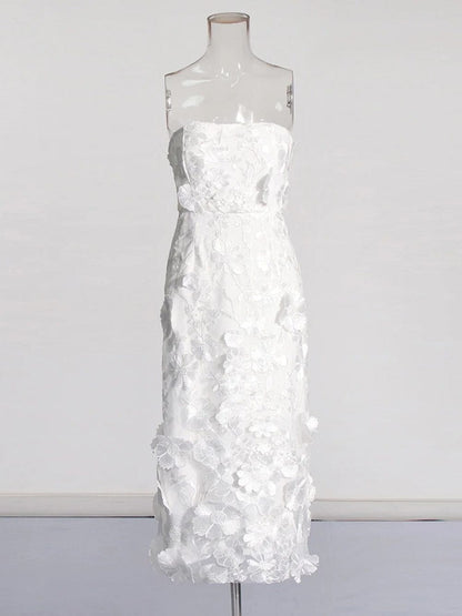 Strapless 3D Floral Applique Embroidered Garden Mesh Overlay Column Midi Dress