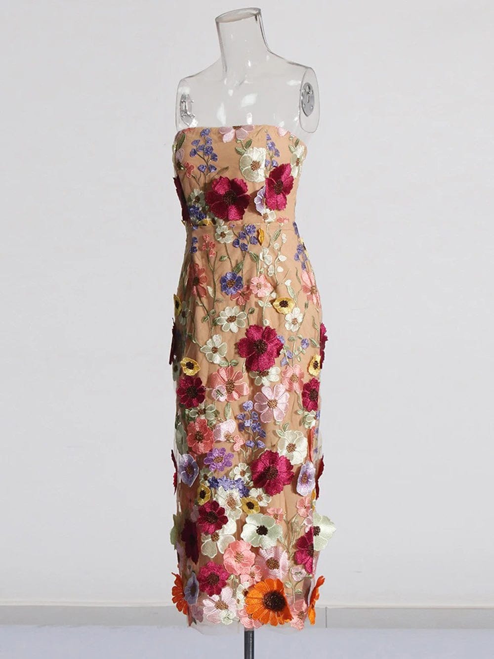 Strapless 3D Floral Applique Embroidered Garden Mesh Overlay Column Midi Dress