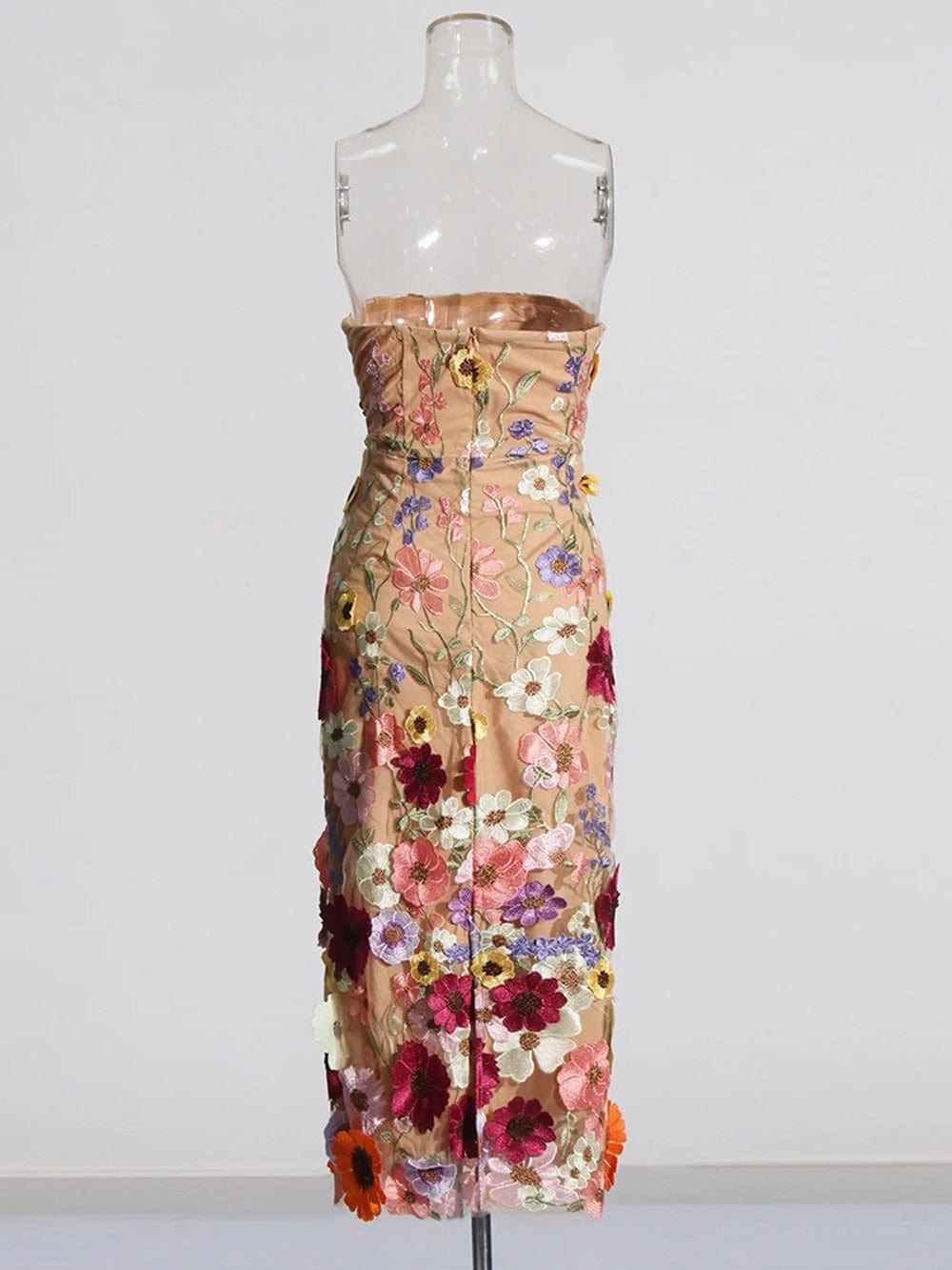 Strapless 3D Floral Applique Embroidered Garden Mesh Overlay Column Midi Dress