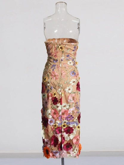 Strapless 3D Floral Applique Embroidered Garden Mesh Overlay Column Midi Dress
