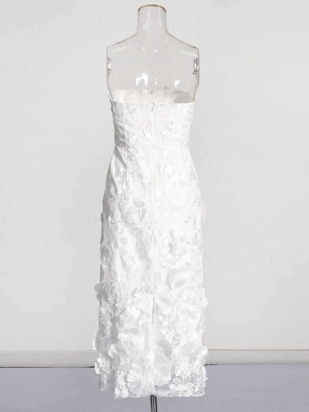 Strapless 3D Floral Applique Embroidered Garden Mesh Overlay Column Midi Dress