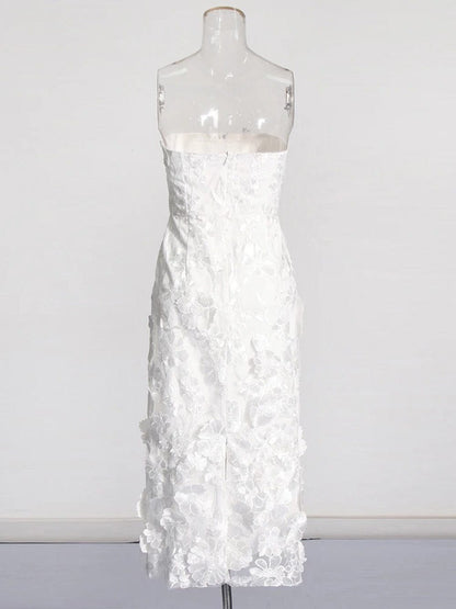 Strapless 3D Floral Applique Embroidered Garden Mesh Overlay Column Midi Dress