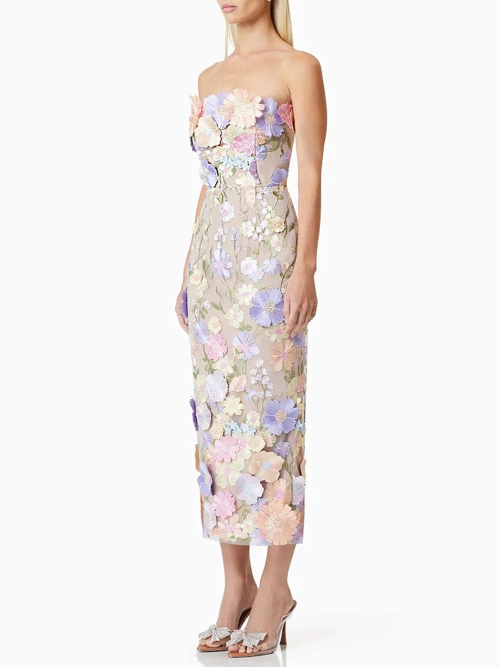 Strapless 3D Floral Applique Embroidered Garden Mesh Overlay Column Midi Dress