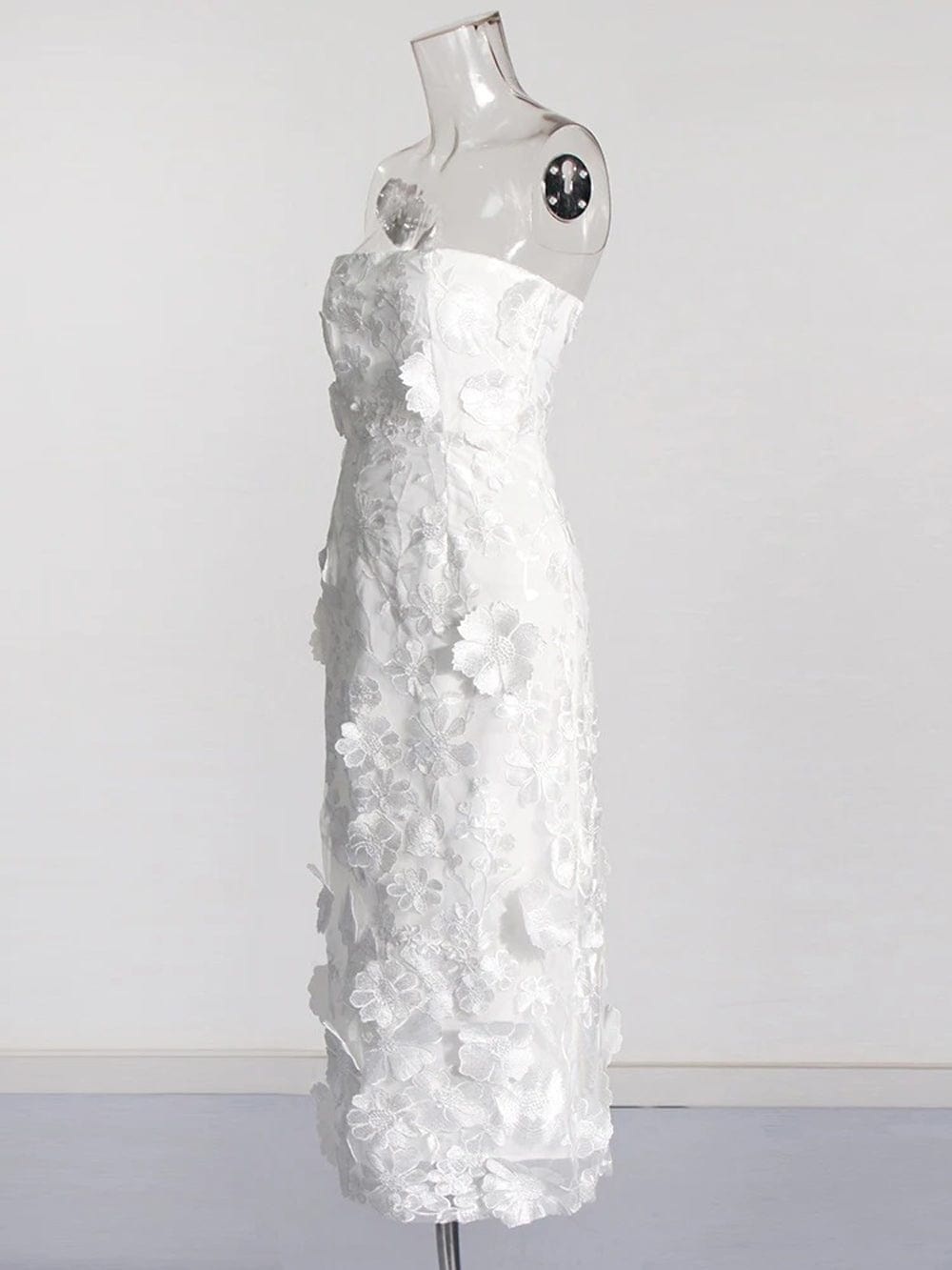Strapless 3D Floral Applique Embroidered Garden Mesh Overlay Column Midi Dress
