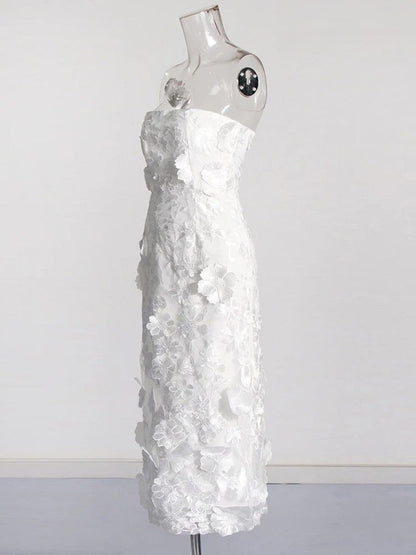 Strapless 3D Floral Applique Embroidered Garden Mesh Overlay Column Midi Dress