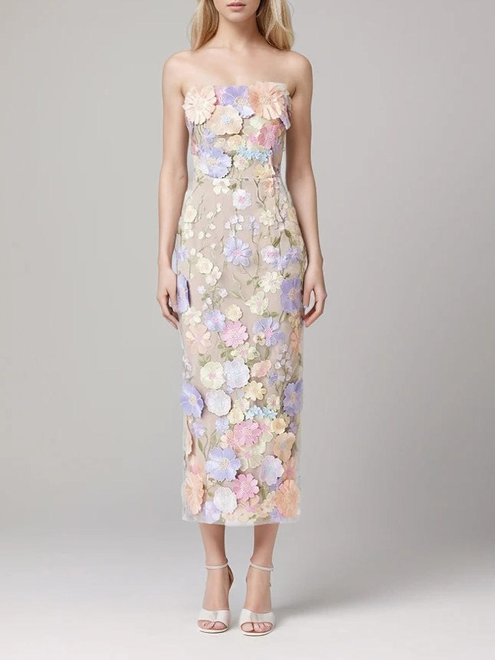 Strapless 3D Floral Applique Embroidered Garden Mesh Overlay Column Midi Dress