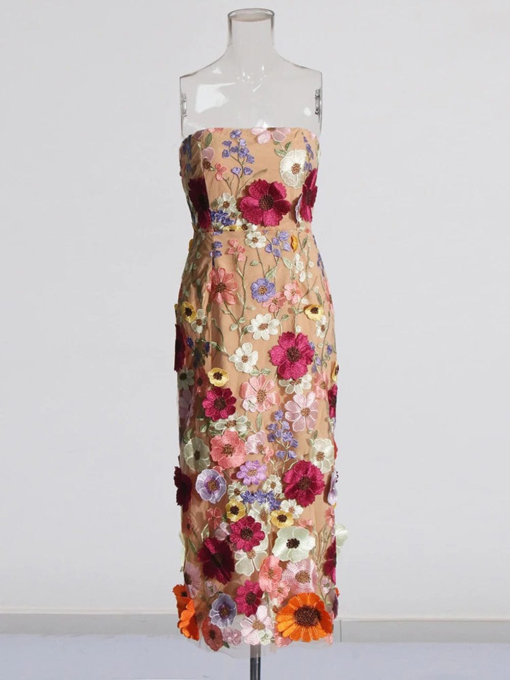 Strapless 3D Floral Applique Embroidered Garden Mesh Overlay Column Midi Dress