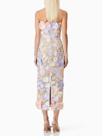 Strapless 3D Floral Applique Embroidered Garden Mesh Overlay Column Midi Dress